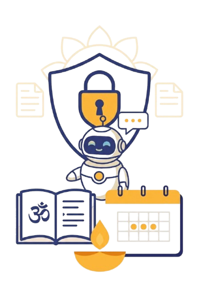 Illustration of the pillars behind MyShankara: sacred texts, a lit diya, private & secure guidance, guru chat, and a daily practice tracker